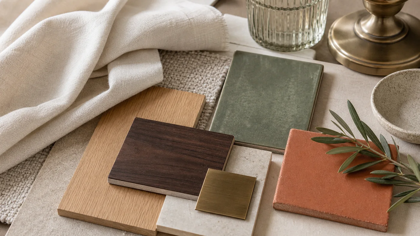 palette de matieres autour de la couleur ivoire avec lin bois laiton et sauge