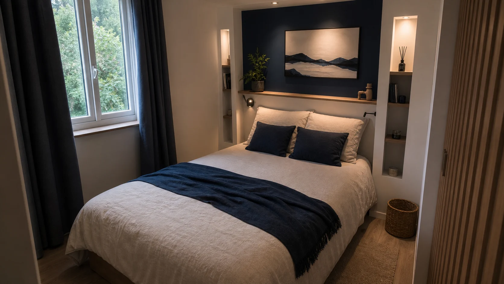 Petite chambre avec tête de lit en placo peu profonde et niches fines
