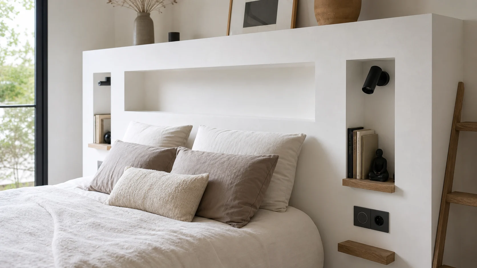 Tête de lit en placo avec niches latérales et tablettes intégrées