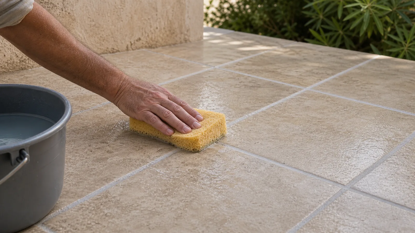 Nettoyage des joints de carrelage extérieur avec une éponge humide