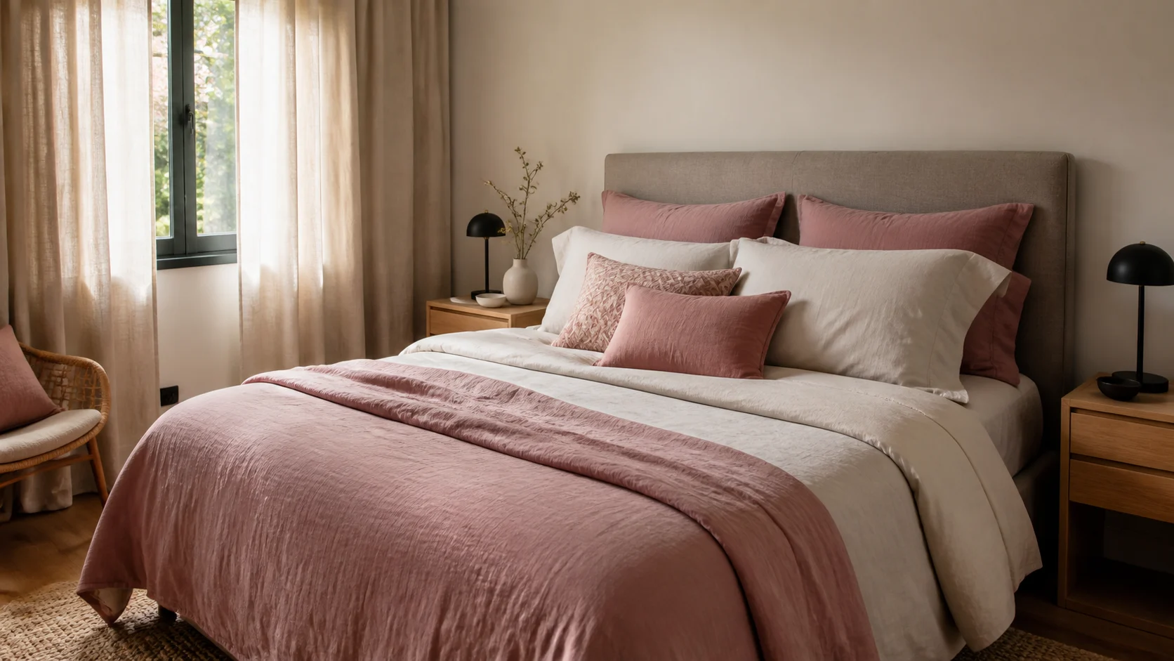 Chambre adulte avec accents rose poudré et matières naturelles