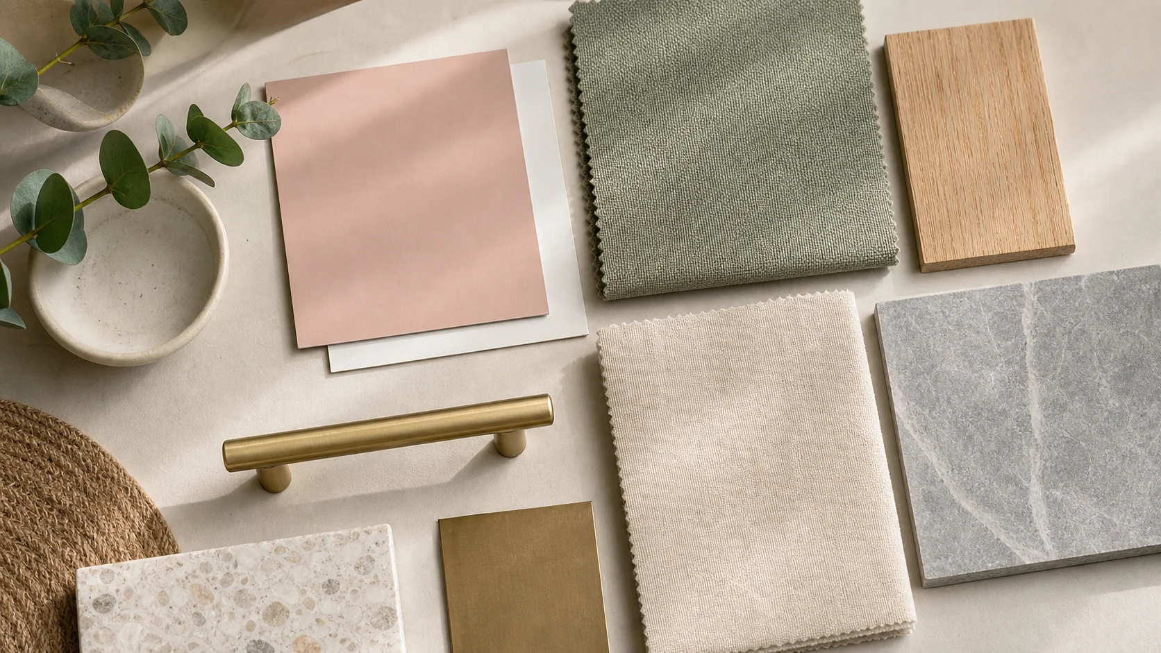 Palette matières rose poudré, vert sauge, lin, chêne et laiton