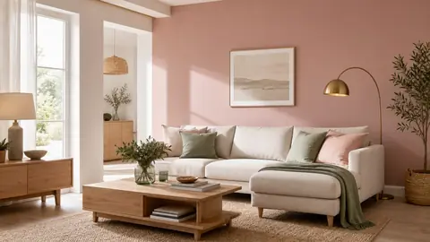 Salon avec mur rose poudré, canapé clair et bois naturel