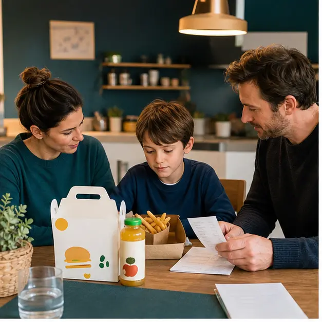 famille comparant le budget d’un menu enfant à table sans logo visible