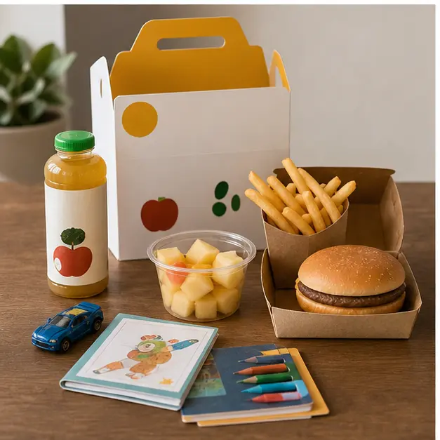 contenu d’un menu enfant avec sandwich accompagnement boisson dessert et livre sans marque
