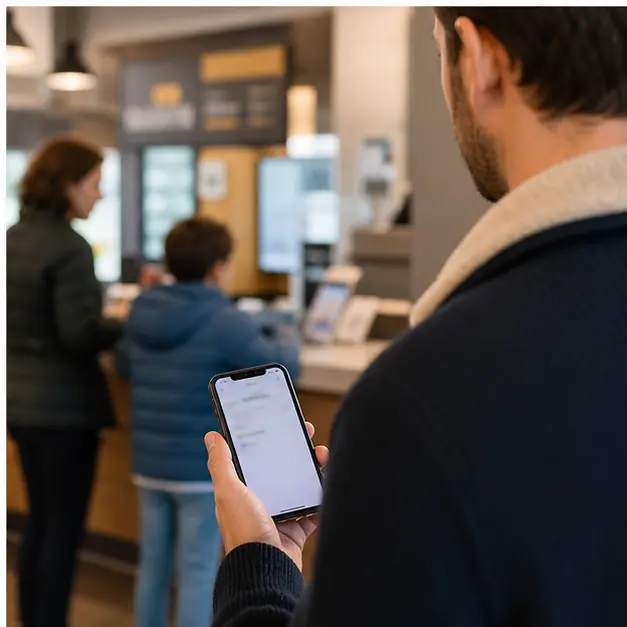 parent comparant une commande au comptoir et sur téléphone sans interface lisible