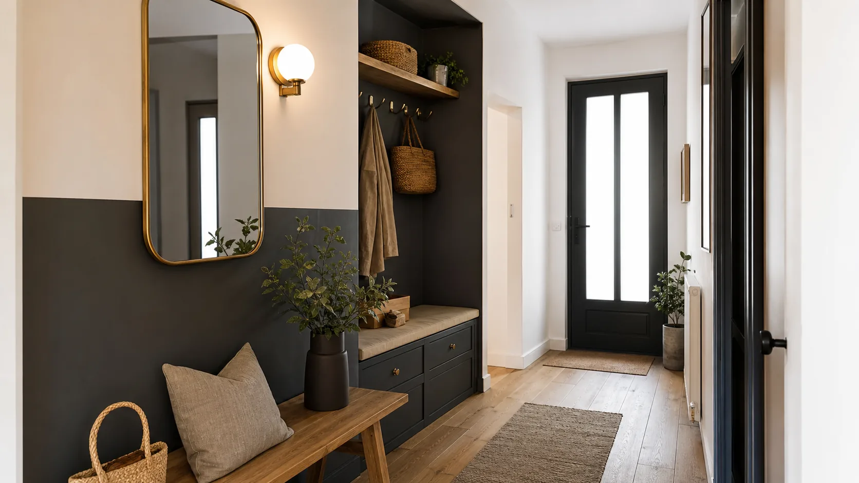 Entrée avec soubassement anthracite, bois chaud et murs clairs