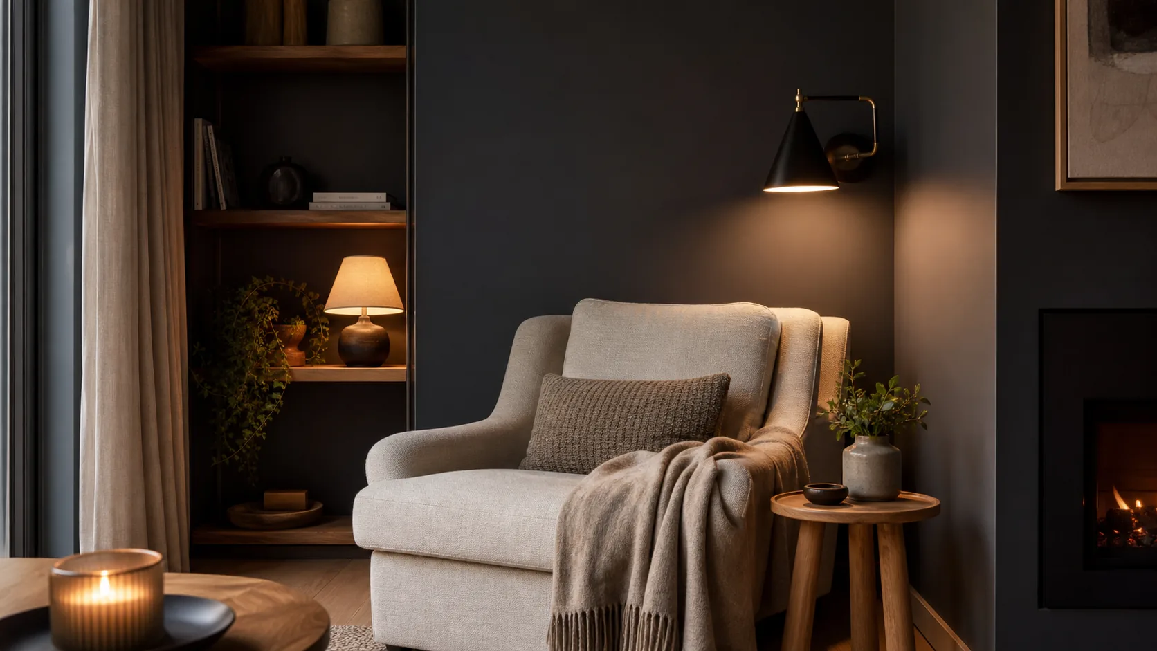 Coin lecture avec mur anthracite, fauteuil clair et éclairage chaud