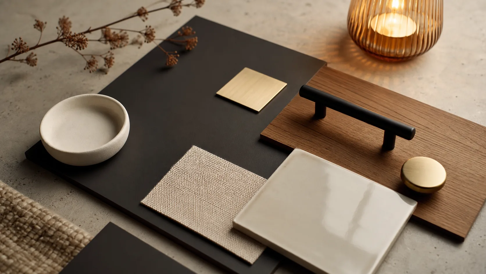 Échantillons anthracite avec bois, lin beige, laiton et céramique claire