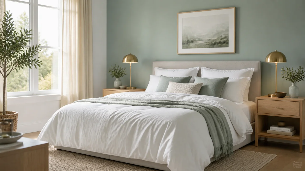 Chambre apaisante avec mur tête de lit vert céladon et linge blanc