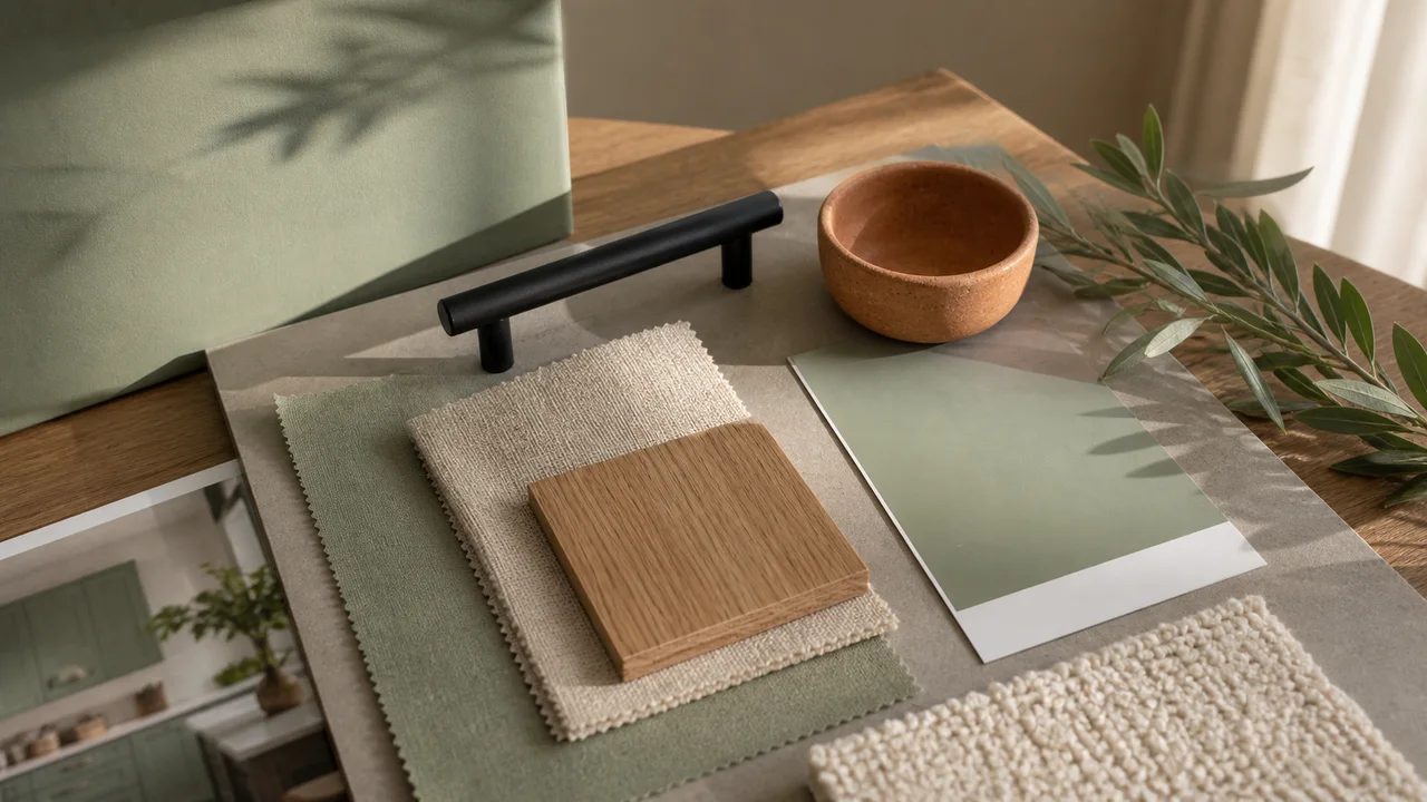 Moodboard déco avec nuance vert céladon, lin, bois clair, noir mat et terracotta