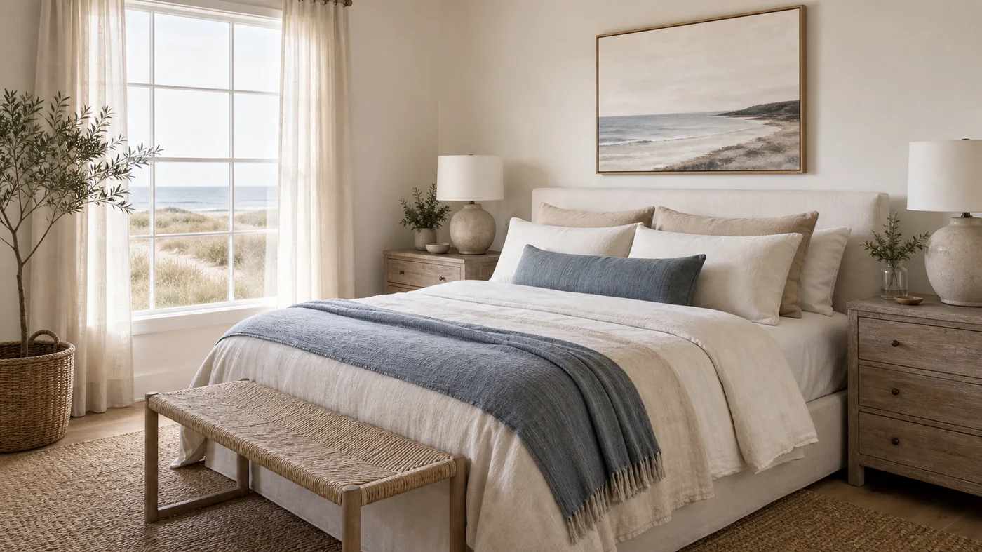 chambre bord de mer sobre avec linge sable rideaux en lin et accent bleu gris