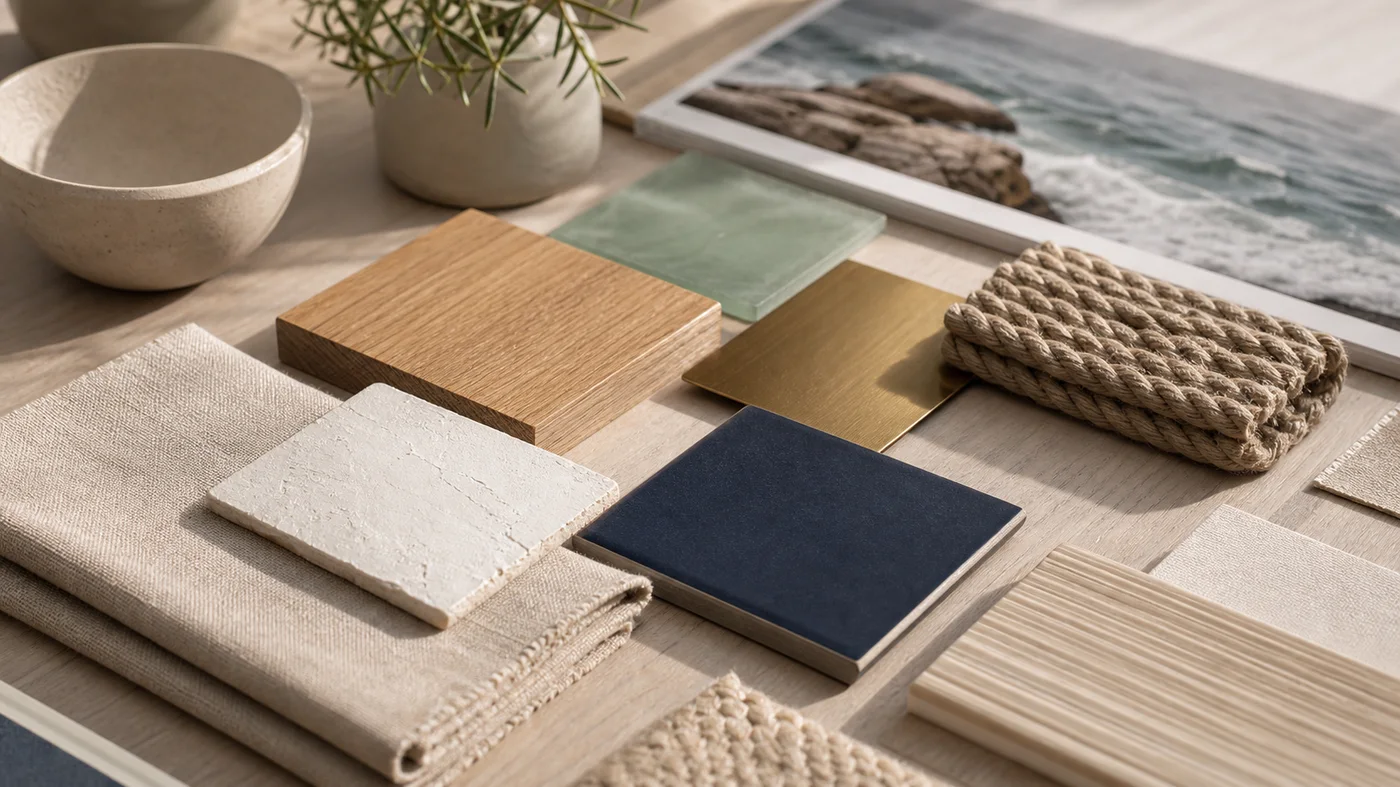 palette de matieres bord de mer avec lin sable chene corde ceramique bleu marine et vert eau