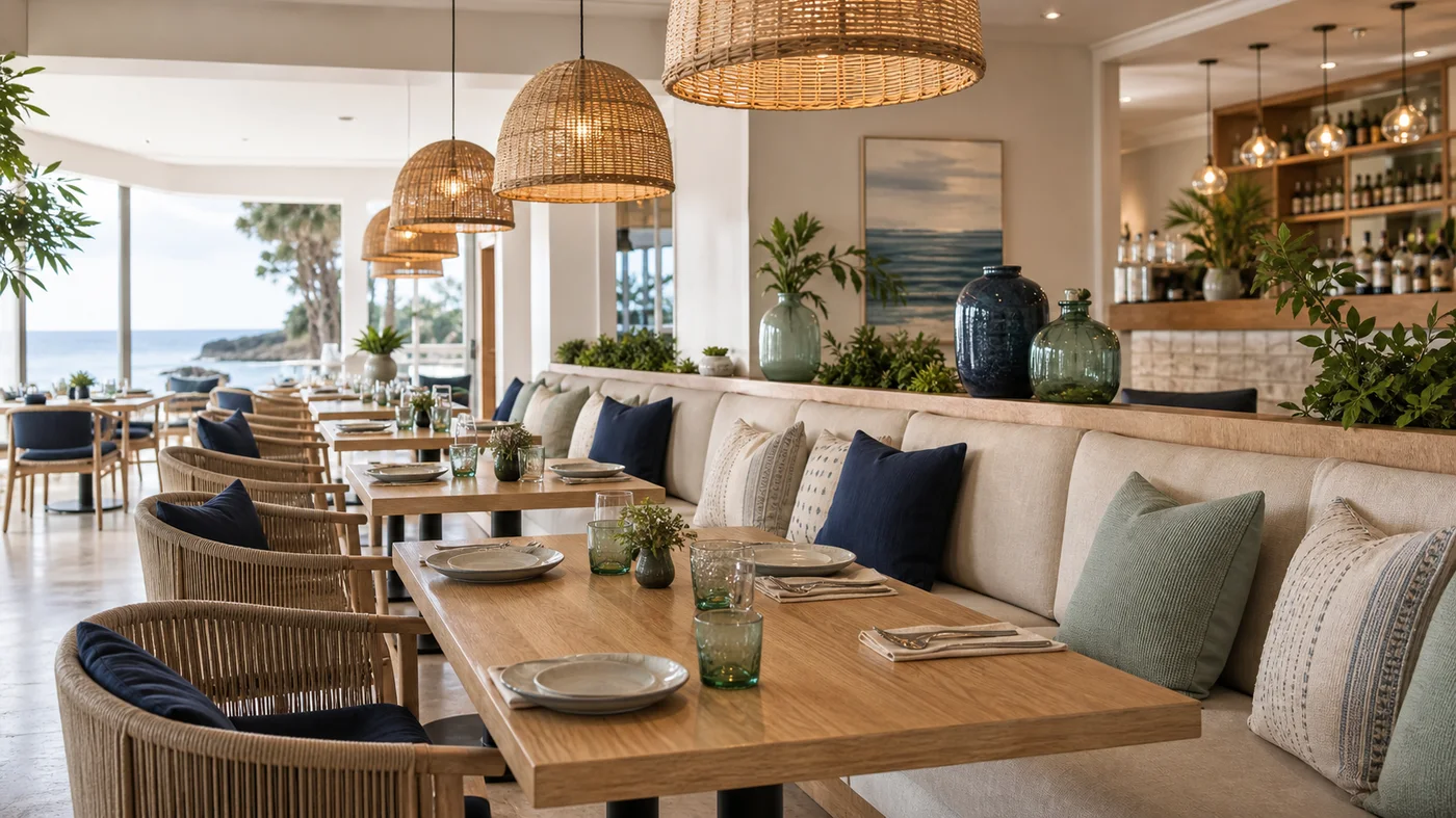 restaurant elegant avec banquettes sable suspensions tressees et accents bleu marine