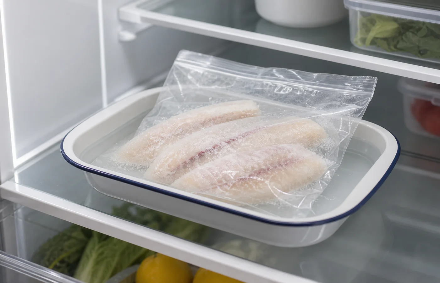 sachet de poisson congelé placé dans un plat au réfrigérateur pour décongélation