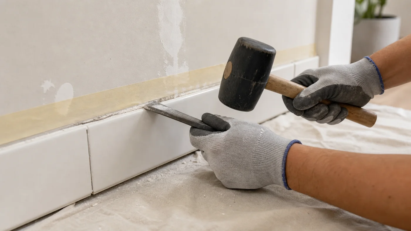 depose progressive d une plinthe carrelage avec burin fin et maillet