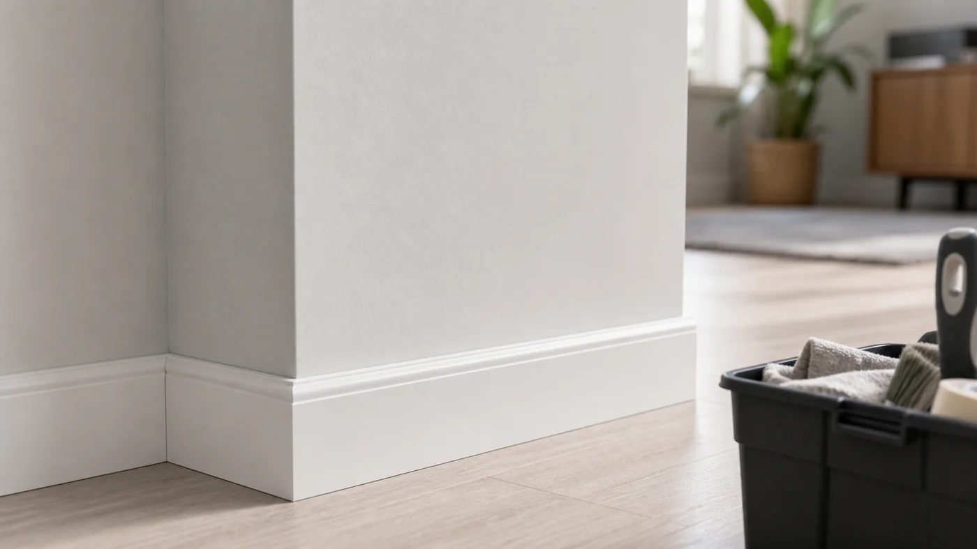 nouvelle plinthe blanche posee sur mur repare