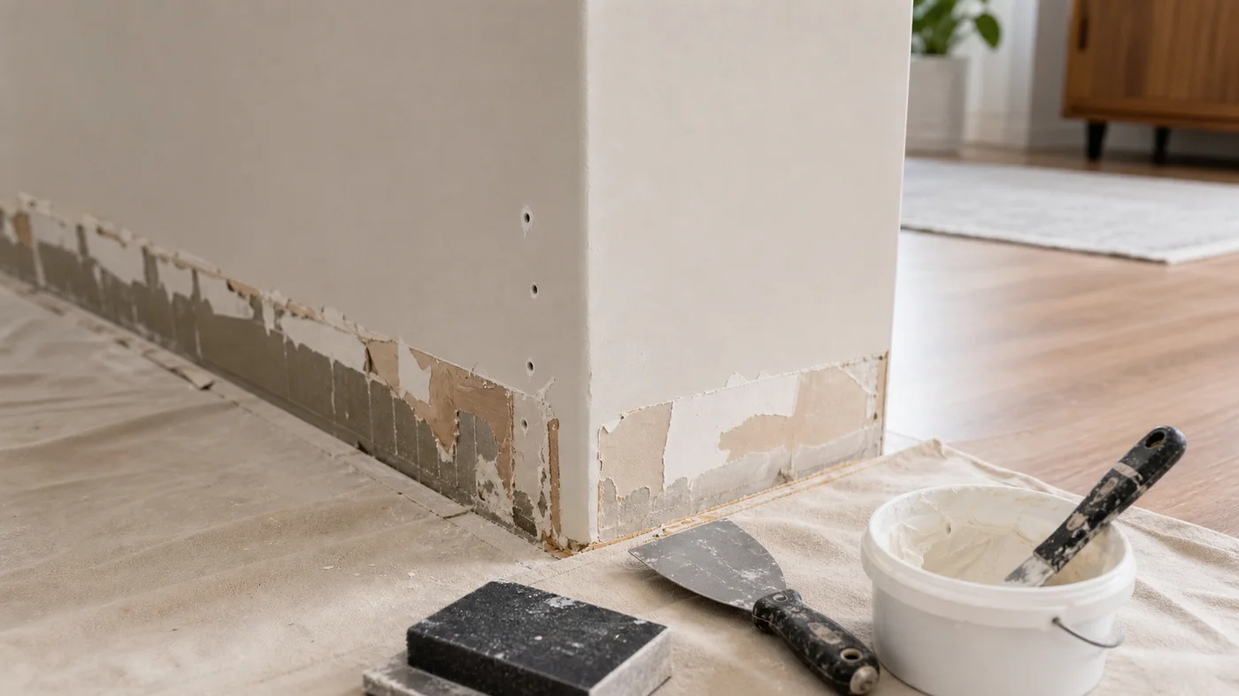 mur en placo apres retrait de plinthes avec traces de colle a reparer