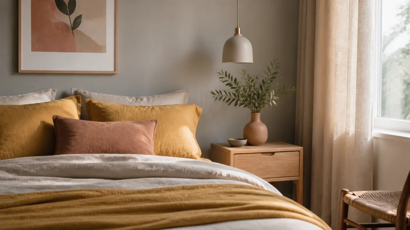 chambre douce avec linge de lit jaune moutarde gris chaud et bois clair