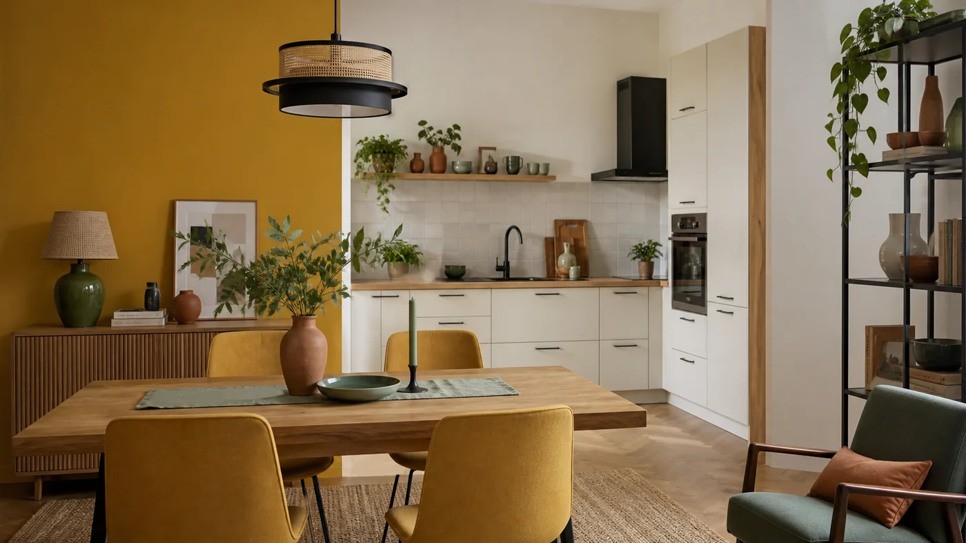 salle a manger avec chaises jaune moutarde bois clair et details noirs