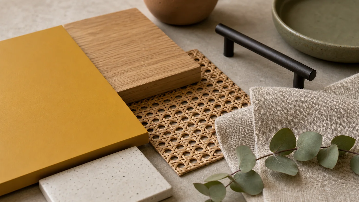 palette de matieres jaune moutarde bois lin cannage ceramique et metal noir