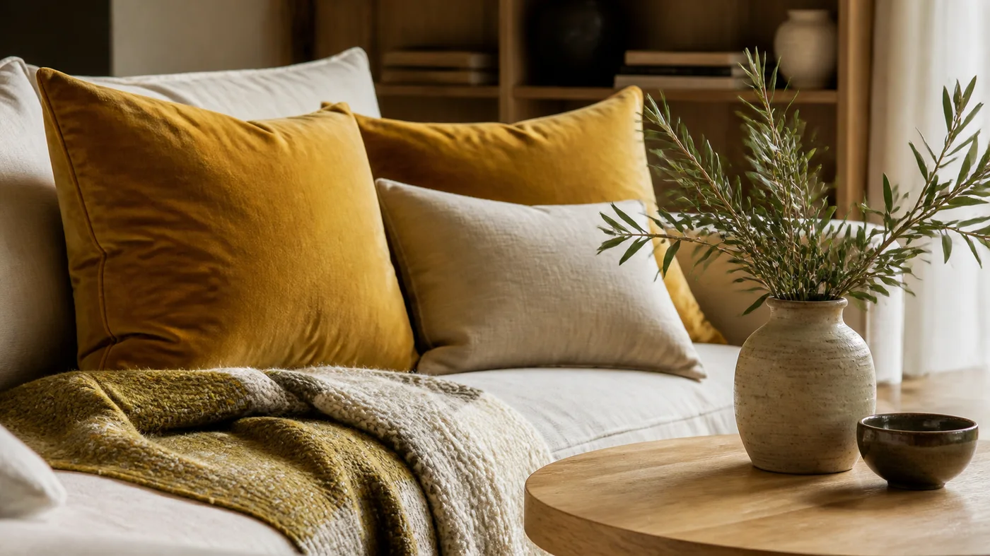 coussins jaune moutarde velours lin bois clair et plante verte