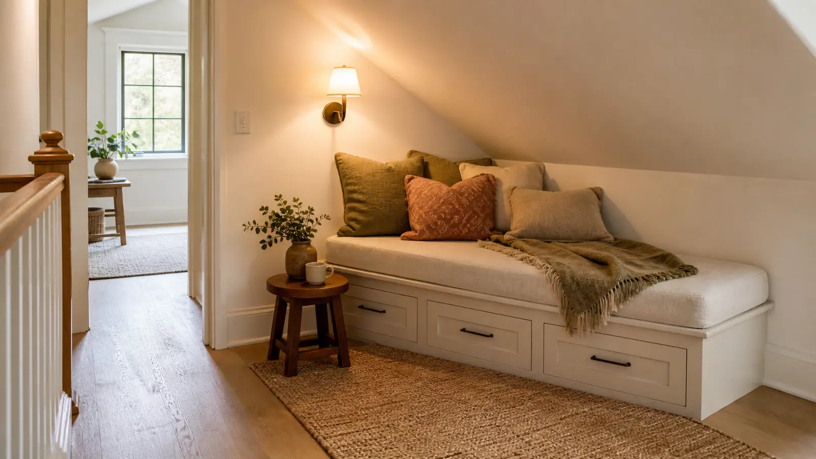 banquette avec rangements sous une pente de toit dans une mansarde