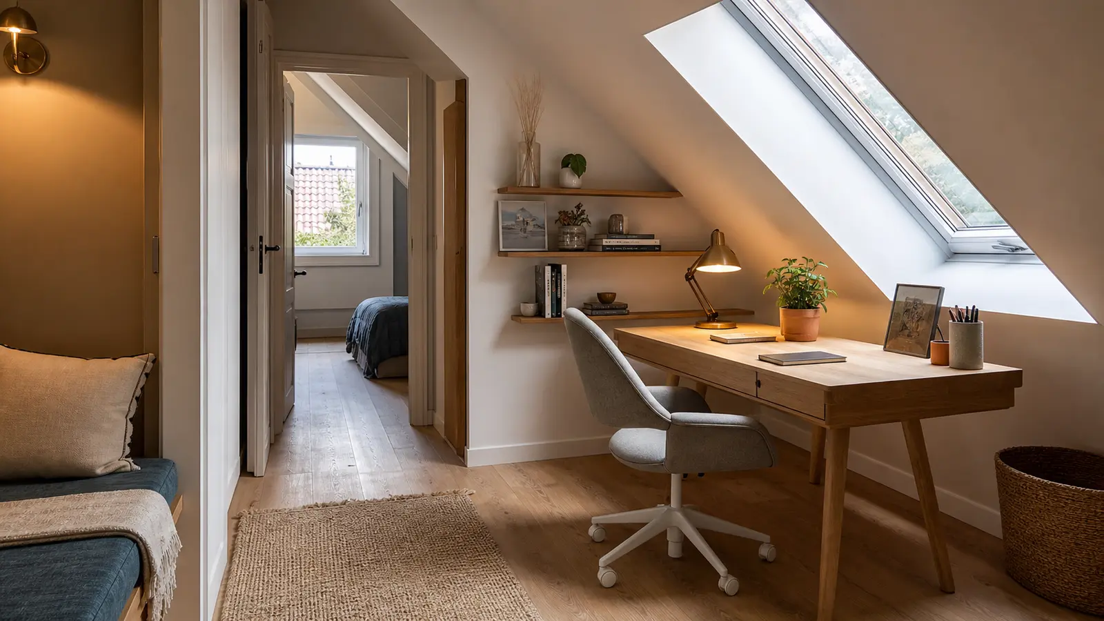 bureau compact installé sous pente avec fenêtre de toit et éclairage chaud