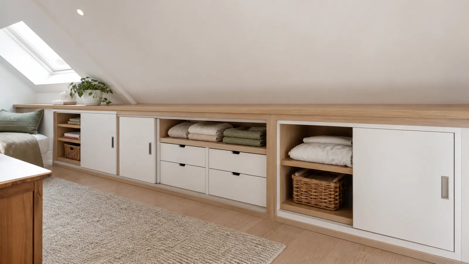rangements bas sur mesure sous une pente de toit dans une pièce mansardée