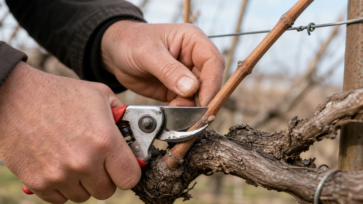 coupe nette d un sarment de vigne avec un secateur propre sous un noeud