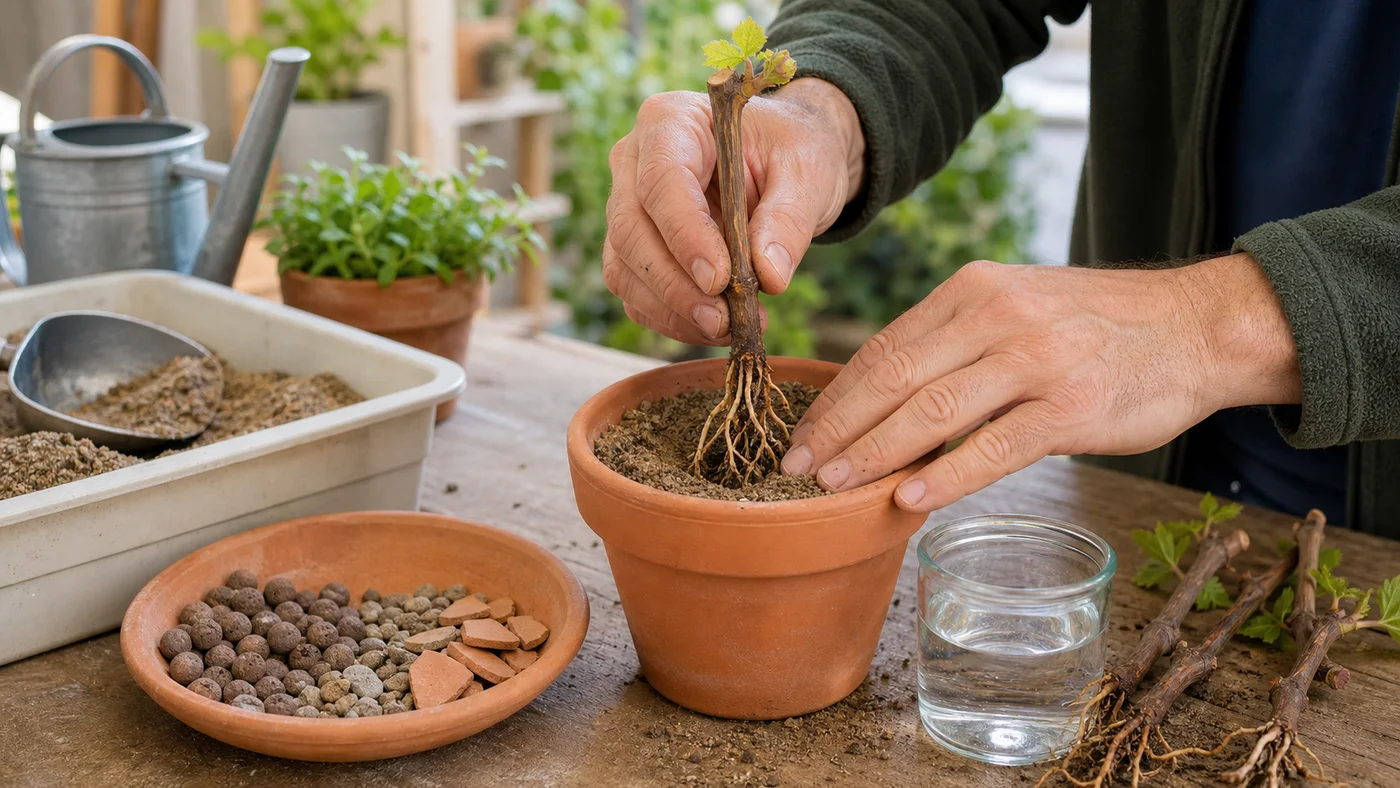 bouture de vigne enracinee rempotee dans un pot en terre cuite avec substrat drainant