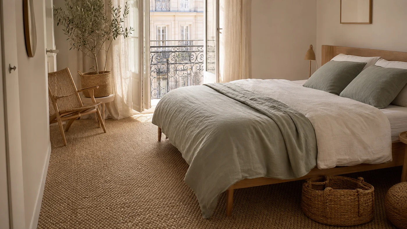 chambre claire avec sol en jonc de mer lit en bois et textiles naturels