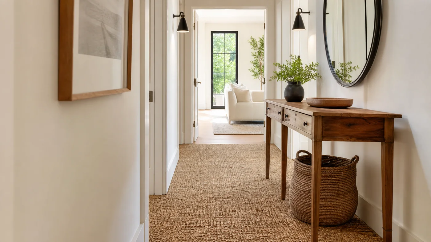 couloir et entree avec revetement en jonc de mer console bois et miroir