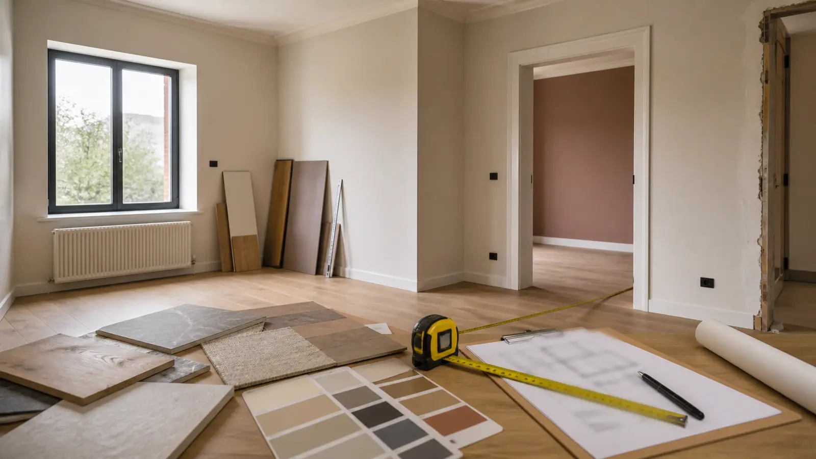 Pièce en rénovation avec matériaux et mètre avant devis d’architecte d’intérieur