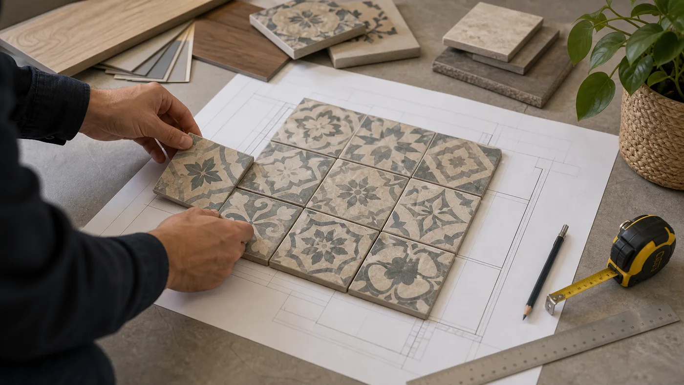 Préparation du calepinage de carreaux de ciment avant pose