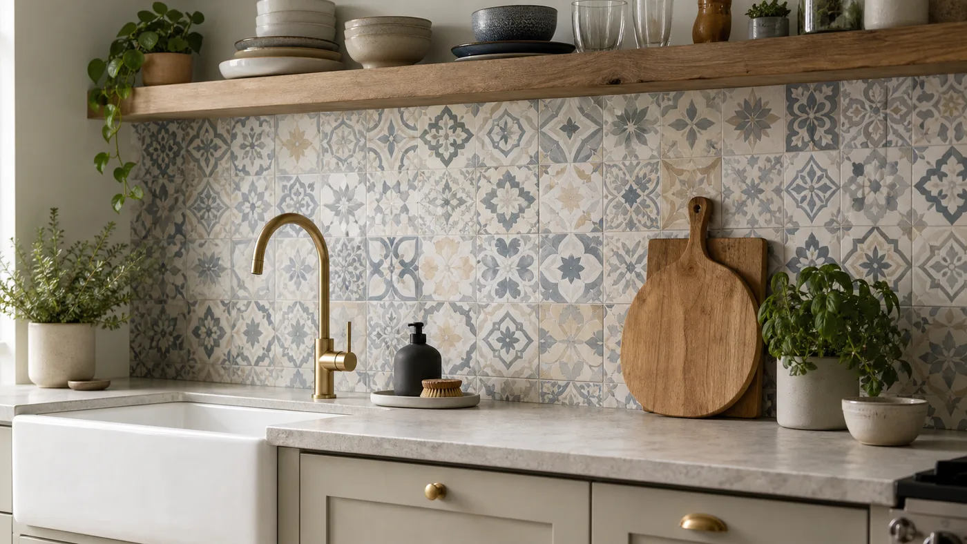 Crédence de cuisine en carreaux de ciment à motifs