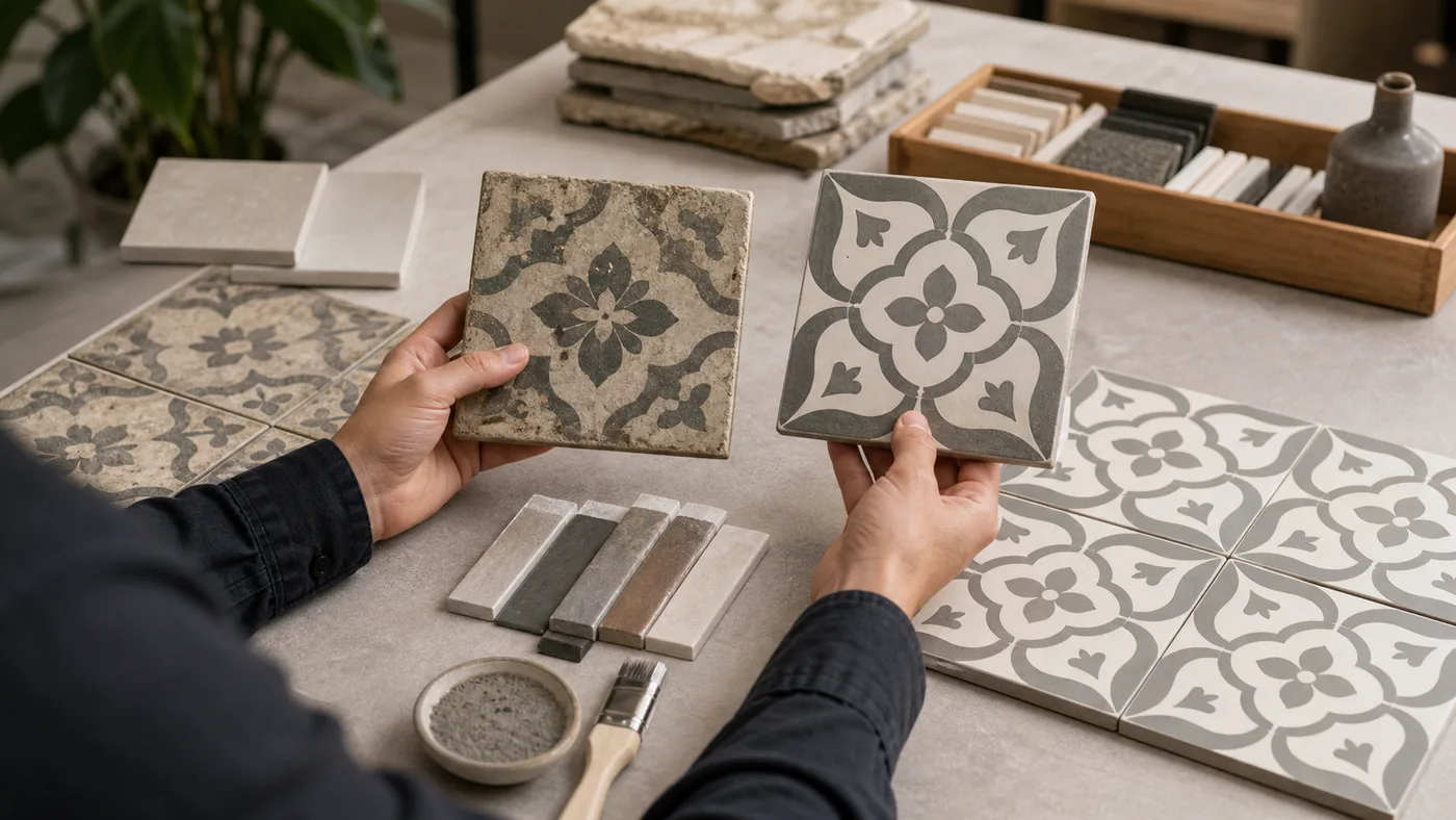Échantillons de carreaux de ciment et imitation grès cérame