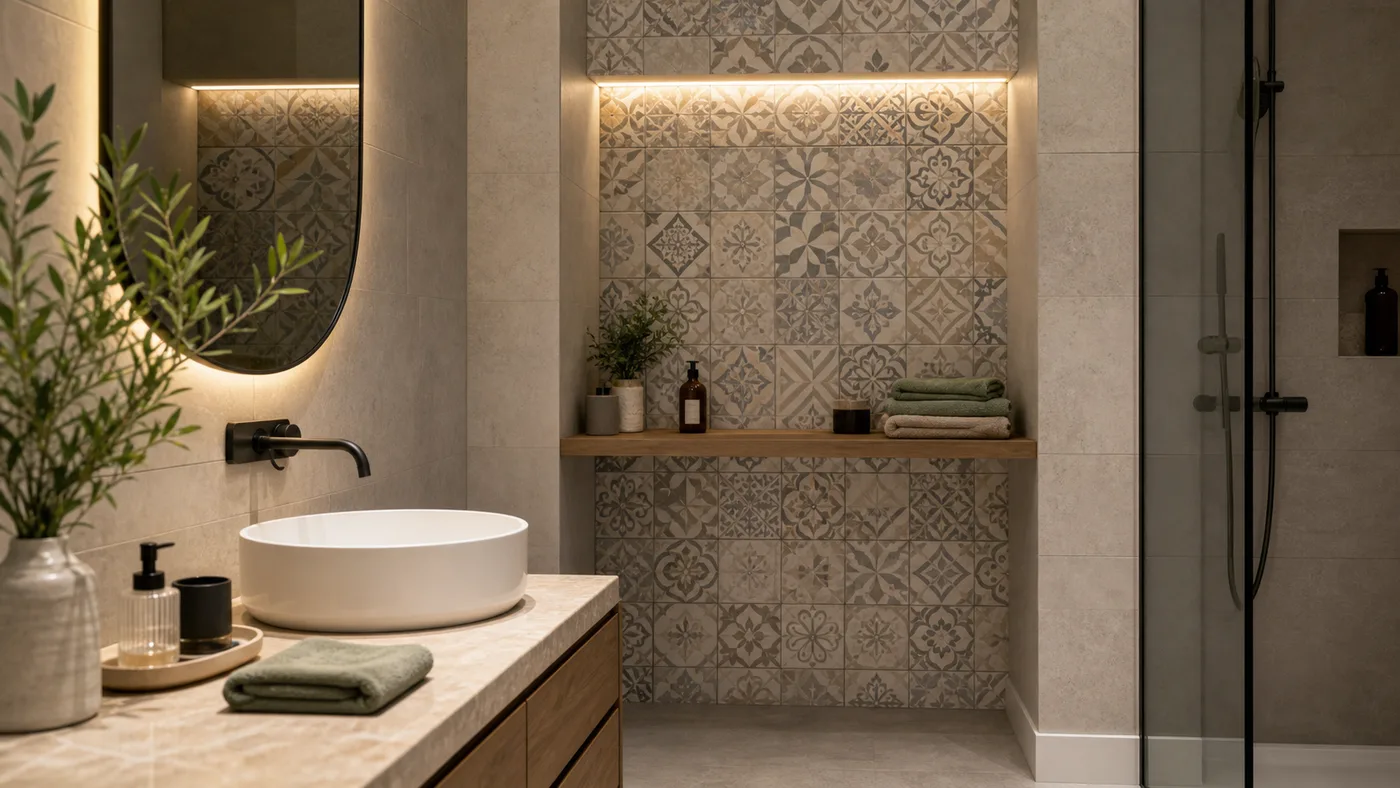Salle de bain avec carreaux de ciment en accent mural