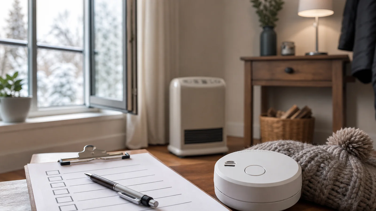 Checklist de securite avec detecteur et fenetre ouverte pres d un chauffage d appoint