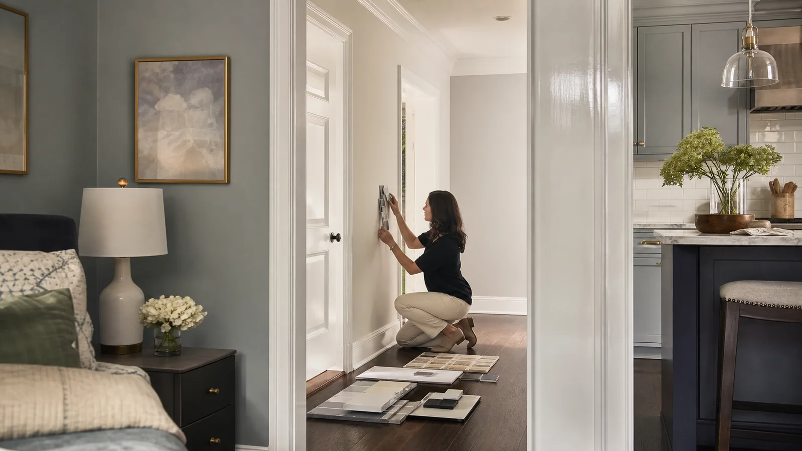 Décoratrice testant des finitions de peinture dans un couloir entre chambre et cuisine