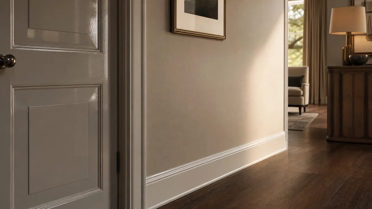 Porte brillante et plinthes satinées devant un mur mat
