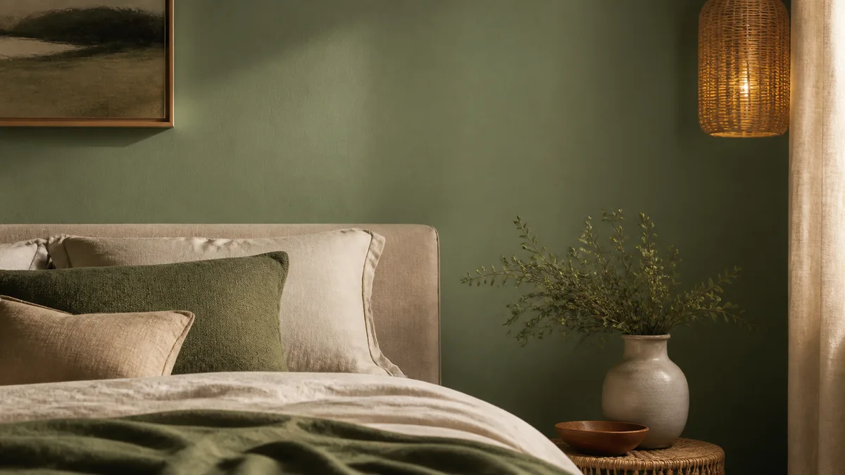 Chambre avec mur mat vert doux et textiles naturels