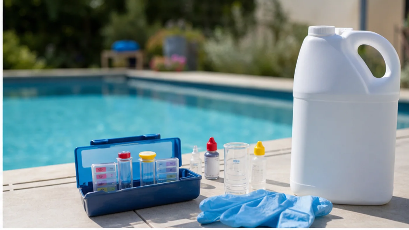 kit de test pH chlore et bidon ménager à l’écart du bassin
