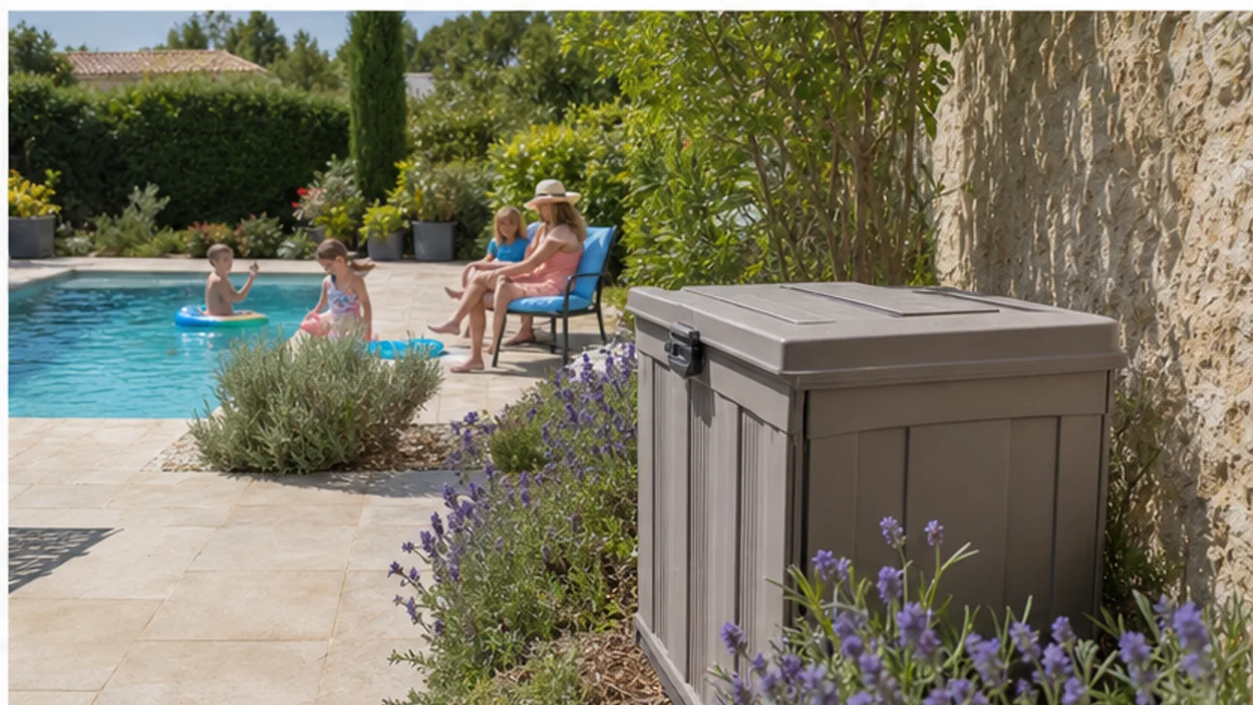 coffre de rangement sécurisé pour produits de piscine dans un jardin