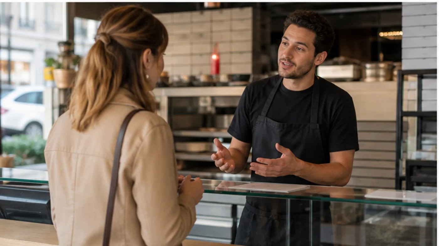 client demandant des informations sur les ingrédients au comptoir
