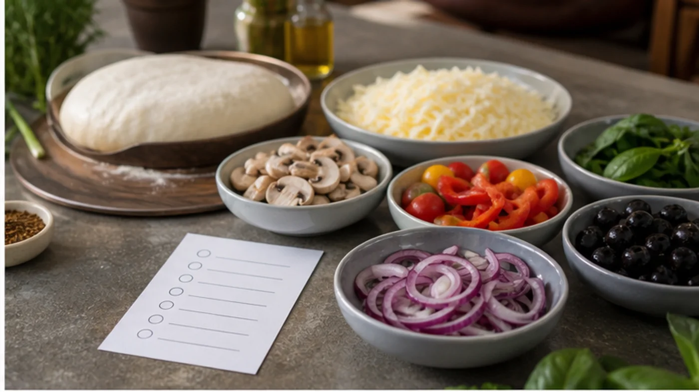 ingrédients de pizza séparés avec une fiche de vérification