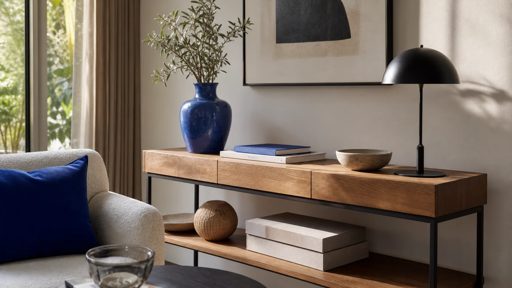 Console claire avec vase et accessoires bleu Klein