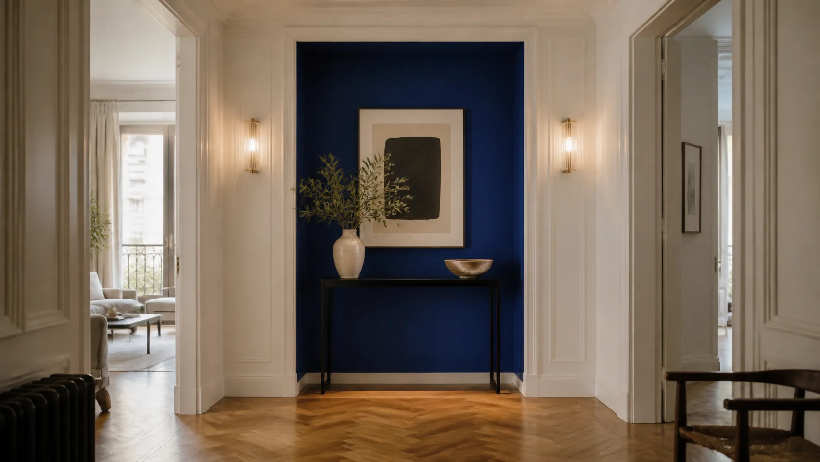 Niche d’entrée bleu Klein avec console noire et parquet en bois clair