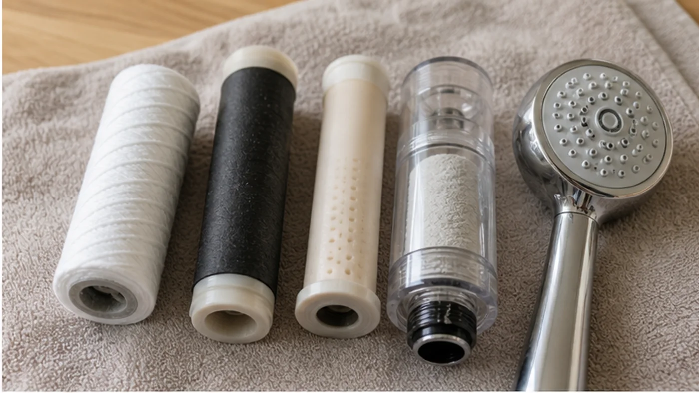 cartouches et pièces de pommeau de douche filtrant posées sur une serviette