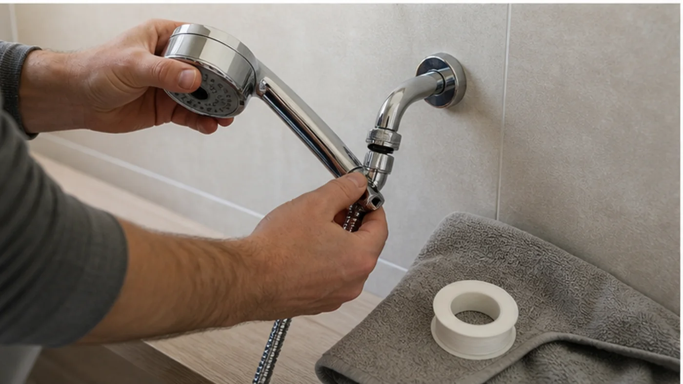 installation manuelle d’un pommeau de douche filtrant sur un flexible